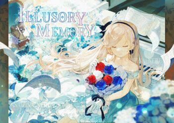 Rule 34 | 1girl, alice (arcaea), alice (minuet) (arcaea), arcaea, artist name, black bow, black hairband, black ribbon, blonde hair, blue dress, blue flower, blue rose, bouquet, bow, bow earrings, closed mouth, collarbone, commentary request, cover, dress, earrings, floating hair, flower, flower wrapper, frilled dress, frilled wrist cuffs, frills, gloves, hairband, hat, hat bow, hat ribbon, highres, holding, holding bouquet, instrument, jewelry, lens flare, light particles, long hair, magazine cover, mini hat, mini top hat, off-shoulder dress, off shoulder, phonograph, piano, red flower, red rose, ribbon, rose, ryuh (asahina neru), sheet music, sitting, solo, swept bangs, top hat, very long hair, white flower, white gloves, white hat, white rose, white wrist cuffs, wrist cuffs