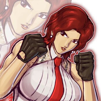 1girl breasts formal_clothes gloves huge_breasts large_breasts pale_skin red_eyes red_hair see-through_clothes shirt short_hair taurence_bell the_king_of_fighters vanessa_(kof) white_shirt