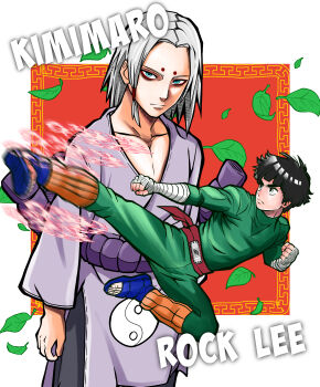 Rule 34 | 2boys, absurdres, arms at sides, bags under eyes, bandaged arm, bandages, belt, black eyes, black hair, black pants, blue eyes, bodysuit, character name, clenched hands, closed mouth, commentary, facial mark, flying kick, forehead protector, grass, green bodysuit, grey hair, highres, hikimayu, japanese clothes, kaguya kimimaro, kicking, kimono, konohagakure symbol, leaf, leg warmers, looking at viewer, medium hair, motion blur, multiple boys, naruto (classic), naruto (series), north (zsae4358), orange leg warmers, outside border, pants, purple kimono, purple rope, rock lee, rope, rope belt, thick eyebrows, toeless legwear, yin yang