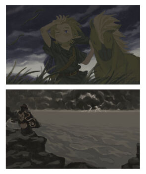 26_zzzzzz 2boys 2koma belt blonde_hair blue_eyes cloud cloudy_sky comic epona from_behind ganondorf grass hand_up horse lightning link multiple_boys nintendo ocean one_eye_closed outdoors petting pointy_ears robe shield shield_on_back sky standing storm the_legend_of_zelda the_legend_of_zelda:_ocarina_of_time the_legend_of_zelda:_the_wind_waker young_link