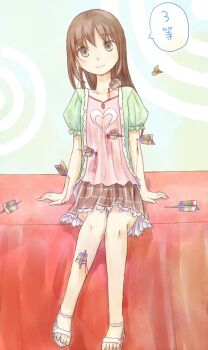 blood brown_eyes brown_hair dart flat_chest guro heart injury long_hair looking_at_viewer sitting skirt smile solo yuyuzuki_(yume_usagi)