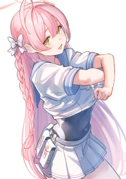 1girl blue_archive blue_sailor_collar bow braid center-flap_bangs commentary covered_navel cowboy_shot double-parted_bangs from_side green_eyes hair_bow hanako_(blue_archive) highres long_hair looking_at_viewer looking_to_the_side marulire miniskirt open_mouth pink_hair pleated_skirt sailor_collar school_uniform serafuku shirt short_sleeves sideways_glance simple_background skirt smile solo standing straight_hair swimsuit swimsuit_under_clothes symbol-only_commentary undressing very_long_hair white_background white_bow white_serafuku white_shirt white_skirt