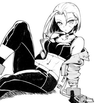 1girl abs breasts cammy_white choker collarbone commentary commentary_request crop_top cropped_jacket curtained_hair highres jacket kuroi_susumu large_breasts monochrome navel open_clothes open_jacket scar short_hair simple_background single_vambrace sitting solo street_fighter street_fighter_6 vambraces white_background yellow_choker