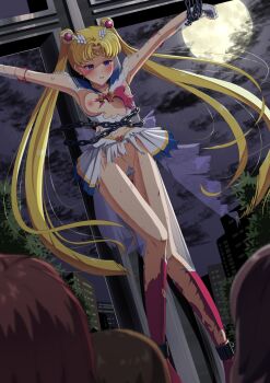 1girl 3others bdsm bishoujo_senshi_sailor_moon blonde_hair blue_eyes bondage boots bound bound_wrists breasts bruise chain city commentary_request cross crucifix crucifixion crying crying_with_eyes_open cuffs defeat elbow_gloves gloves hair_ornament heart highres humiliation injury knee_boots leotard long_hair long_twintails miniskirt momoisaki moon multiple_others night nipples one_breast_out outdoors public_indecency ribbon sailor_moon shackles skirt small_breasts tears torn_clothes torn_leotard tsukino_usagi twintails very_long_hair