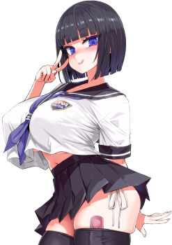 1girl asanagi black_hair black_sailor_collar black_skirt black_thighhighs blue_eyes blunt_bangs blush breasts commentary_request crop_top crop_top_overhang highres large_breasts licking_lips looking_at_viewer navel neckerchief original sailor_collar school_uniform sex_toy shirt short_hair short_sleeves skirt smile solo thighhighs thighs tongue tongue_out underboob v vibrator vibrator_in_thighhighs white_shirt