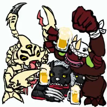 alcohol animated beer cerberumon cheering digimon horns scorpiomon sharp_teeth tagme tail teeth video wendimon