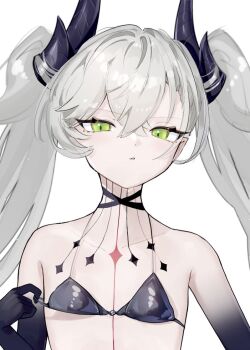 1girl bikini_pull black_hands body_markings choker clothes_pull colored_extremities crossed_bangs demon_girl demon_horns fate/grand_order fate_(series) green_eyes grey_hair hair_between_eyes horns lilith_(fate) long_hair looking_at_viewer parted_lips pointy_ears simple_background solo suwa_(swk_kkk) twintails upper_body white_background