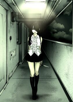 1girl absurdres black_eyes black_hair black_shoes black_skirt black_socks ceiling_light closed_mouth full_body furrowed_brow hair_over_one_eye highres holding holding_knife holding_weapon industrial_pipe kneehighs knife light_rays long_hair looking_at_viewer original outdoors shirt shoes skirt sleeveless sleeveless_shirt socks solo weapon white_shirt ystty0