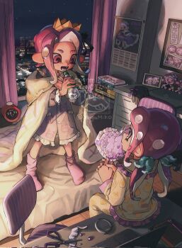 2girls blue_ribbon bottle commentary commission corrupted_twitter_file crown dress eyebrow_cut fangs frilled_dress frills full_body hair_ribbon highres holding holding_bottle indoors long_hair long_sleeves medium_hair miko_(15476997) mini_crown multiple_girls nintendo no_shoes octoling octoling_girl octoling_player_character on_bed open_mouth pajamas parted_bangs pink_dress pink_socks plastic_bottle pretend_microphone purple_eyes purple_hair ribbon socks splatoon_(series) standing symbol-only_commentary tentacle_hair tilted_headwear watermark wrapped_in_blanket yellow_pajamas