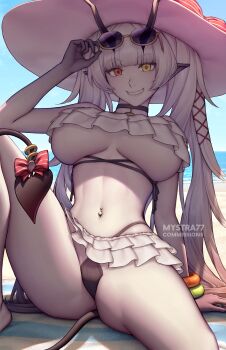 1girl bikini bikini_skirt black_bikini black_choker bracelet breasts choker commission demon_tail frilled_bikini frilled_skirt frills hat heterochromia horns jewelry large_breasts long_hair looking_at_viewer multicolored_bikini mystra77 navel navel_piercing orange_eyes original pale_skin piercing pointy_ears sharp_teeth sitting skirt smile solo sun_hat swimsuit tail teeth twintails two-tone_bikini underboob white_hair yellow_eyes