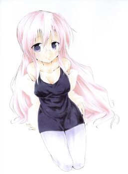 1girl black_tank_top breasts cleavage commentary_request glasses hand_on_floor hand_on_own_thigh highres invisible_floor jacket jacket_partially_removed long_hair lucky_star pants pink_hair purple_eyes round_eyewear seiza shiki_59 sitting smile takara_miyuki tank_top white_background white_jacket white_pants