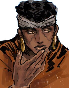 1boy arabian_clothes bishounen black_hair brown_hair dark-skinned_male dark_skin earrings highres jettydaze jewelry jojo_no_kimyou_na_bouken korean_commentary long_hair male_focus mohammed_avdol yellow_eyes
