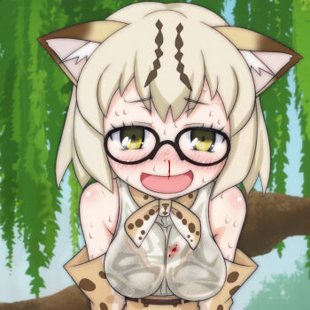1girl animal_ears animal_print belt blood blood_on_clothes blush bow bowtie bra breasts brown_belt brown_bra brown_hair cat_ears cat_girl cloud floral_print glasses gloves highres hot kemono_friends looking_at_viewer margay_(kemono_friends) medium_breasts nosebleed open_mouth orange_bow orange_bowtie orange_gloves orange_skirt print_bow print_bowtie print_gloves print_shirt print_skirt see-through_clothes see-through_shirt shirt short_hair skirt sky sleeveless sleeveless_shirt smile standing sweat t_jiroo_(ringofriend) tree underwear upper_body wet wet_clothes wet_shirt white_shirt yellow_eyes