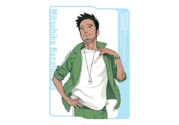 Rule 34 | 1boy, arm hair, black hair, facial hair, fukuda tomonori, game cg, jacket, long hair, looking at viewer, male focus, nagafukada mitsuhiko, official art, open clothes, pants, robotics;notes, science adventure, shirt, short hair, simple background, smile, solo, stubble, track jacket, very short hair, whistle, whistle around neck, white shirt