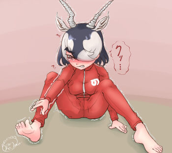 Rule 34 | 1girl, absurdres, alternate costume, antelope ears, antelope horns, barefoot, black hair, blackbuck (kemono friends), blush, extra ears, hair over one eye, hashtag-only commentary, highres, japari symbol, kemono friends, long sleeves, multicolored hair, nokemono-san (bocchi friend), pants, red pants, red shirt, red track suit, shirt, solo, stretching, sweatdrop, tearing up, track suit, trembling, two-tone hair, white hair