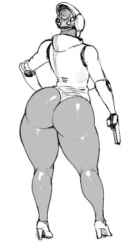 1girl ass bad_id bad_pixiv_id breasts contrapposto cyborg dark-skinned_female dark_skin female_focus from_behind greyscale gun handgun haydee_(game) haydee_(haydee) high_heels highres huge_ass humanoid_robot kneepits large_breasts leotard monochrome pantyhose pistol plump robot simple_background solo synecdoche thick_thighs thighs thong_leotard weapon white_background wide_hips