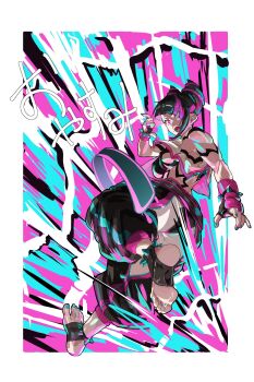 Rule 34 | 1girl, blue nails, bokkusu, bracelet, breasts, commentary, feet, fingerless gloves, gloves, hair horns, han juri, heterochromia, highres, jewelry, open mouth, solo, spiked anklet, spiked bracelet, spikes, street fighter, street fighter 6, toes