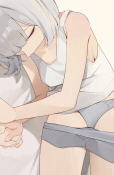 1girl breasts camisole closed_eyes clothes_pull commentary grey_hair grey_panties grey_shorts highres hiroki_(yyqw7151) lying on_side original panties short_hair shorts shorts_pull sleeping small_breasts solo underwear white_camisole