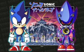 black_eyes black_sclera blue_outline city_lights cityscape colored_sclera furry furry_male gloves highres humanoid_robot looking_at_viewer metal_sonic outline purple_outline red_eyes robot signature sonic_(series) sonic_the_hedgehog sonic_the_hedgehog_(ova) sonicthebluestar standing star_(symbol) white_gloves