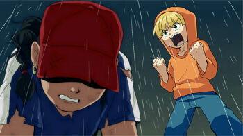 1boy 1girl blonde_hair braid clenched_hands clenched_teeth codename:_kids_next_door commentary_request dark_skin duplicate earrings green_eyes hat hat_over_eyes hood hoodie jewelry looking_at_another numbuh_4 numbuh_5 pixel-perfect_duplicate rain standing t_k_g teeth torn_clothes wet