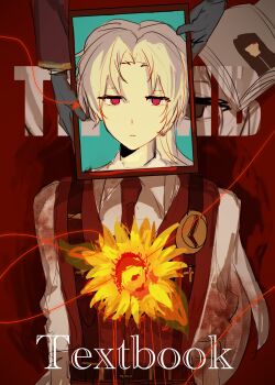 1boy 1girl black_gloves book closed_mouth commentary cowboy_shot english_commentary english_text gloves highres limbus_company long_hair lucio_(project_moon) necktie ponytail project_moon red_eyes red_necktie red_vest shirt solo valencina_(project_moon) vest white_hair white_shirt xh_evildoer