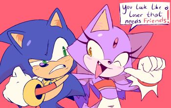 1boy 1girl animal_ears bindi blaze_the_cat blush cat commentary english_commentary english_text furry furry_female furry_male gloves green_eyes hedgehog highres jewelry necklace one_eye_closed open_mouth pants role_reversal sonic_(series) sonic_the_hedgehog speech_bubble stellarspin strapless tail tube_top yellow_eyes