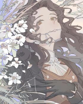 1girl absurdres black_coat black_gloves blonde_hair braces brown_eyes coat dress flower gloves grin hand_up highres long_hair looking_at_viewer red_dress reverse:1999 shirt smile solo too_many_flowers tooth_fairy_(reverse:1999) ttehomase upper_body white_flower white_shirt