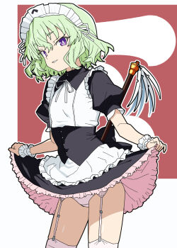 1girl apron black_dress clothes_lift dress dress_lift duster flat_chest garter_straps green_hair highres looking_at_viewer maid maid_headdress matuo3232 mouri_teru panties parted_lips purple_eyes rance_(series) sengoku_rance short_hair smile solo thighhighs underwear white_panties white_thighhighs