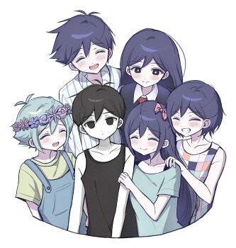 2girls 4boys absurdres antenna_hair aubrey_(headspace)_(omori) aubrey_(omori) basil_(headspace)_(omori) basil_(omori) black_eyes black_hair black_tank_top blue_pajamas blue_shirt blush bow bra_strap bright_pupils brother_and_sister brothers checkered_clothes closed_eyes closed_mouth collarbone collared_pajamas collared_shirt colored_skin double-parted_bangs expressionless flower flower_wreath green_hair green_shirt grin hair_between_eyes hair_bow hand_on_another's_shoulder head_wreath hero_(headspace)_(omori) hero_(omori) highres kel_(headspace)_(omori) kel_(omori) long_hair long_shirt looking_at_another looking_at_viewer mari_(headspace)_(omori) mari_(omori) multicolored_pajamas multiple_boys multiple_girls neckerchief omori omori_(omori) open_mouth pajamas pink_bow purple_eyes purple_hair purple_sweater_vest red_neckerchief shirt short_hair short_sleeves siblings sidelocks simple_background smile split_mouth striped_clothes striped_pajamas sweater_vest t-shirt tank_top teeth two-tone_pajamas upper_teeth_only vertical-striped_clothes vertical-striped_pajamas white_background white_pajamas white_pupils white_shirt white_skin wktdms1