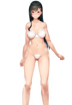 Rule 34 | 1girl, :>, arms at sides, black hair, blush, bra, breasts, cameltoe, cleavage, closed mouth, embarrassed, feet out of frame, female focus, game cg, gluteal fold, groin, highres, kinbaku seido kaichou: kare ni shirareta watashi no himitsu, large breasts, legs, long hair, looking at viewer, navel, orange eyes, original, osomatsu (nanameno), panties, smile, solo, standing, tachi-e, tani shizuku, thighs, transparent background, underwear, underwear only