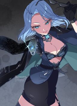 1girl aiming aiming_at_viewer black_gloves black_jacket black_skirt blue_bra blue_eyes blue_hair blue_shirt bra breasts coat coat_on_shoulders corset fur_trim garter_straps gloves grey_background gun highres holding holding_gun holding_removed_eyewear holding_weapon indie_virtual_youtuber jacket long_hair monarch_(amalee) monarch_(mafia)_(amalee) official_alternate_costume open_clothes open_shirt saraemi shirt skirt underwear unworn_eyewear virtual_youtuber weapon