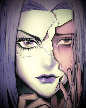 Rule 34 | 1boy, bishounen, cracked kawaii mask, cracked mask, crying, crying with eyes open, grey hair, hand on own face, highres, jojo no kimyou na bouken, leone abbacchio, long hair, male focus, purple lips, skr070414, solo, sparkle, tears, vento aureo, yellow eyes