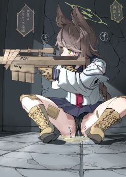 1girl absurdres ahoge aiming animal_ears ankle_boots anti-materiel_rifle armband bandaid bandaid_on_leg barrett_m82 black_panties blouse blue_archive blue_skirt blush boots braid braided_ponytail brown_boots brown_gloves crack cracked_wall fox_ears fox_girl full_body gloves green_eyes green_halo grey_hair gun halo headband highres holding holding_gun holding_weapon indoors knee_pads long_hair long_sleeves looking_to_the_side miniskirt multitasking necktie on_floor otogi_(blue_archive) panties pee peeing peeing_self petitpetitppp pleated_skirt puffy_long_sleeves puffy_sleeves red_necktie rifle school_uniform serafuku shirt single_braid sitting skirt sniper_rifle solo speech_bubble spread_legs tactical_clothes tactical_school_uniform text_on_weapon translation_request underwear weapon white_armband white_shirt