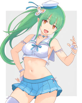 1girl absurdres bare_shoulders blue_pupils blue_skirt breasts choker commentary commission commissioner_upload cosplay cowboy_shot crop_top dolphin elf fate/grand_order fate_(series) fingerless_gloves flower gloves green_hair hand_on_own_hip hat highres jeanne_d&#039;arc_(fate) jeanne_d&#039;arc_(mystery_treasure)_(fate) jeanne_d&#039;arc_(mystery_treasure)_(fate)_(cosplay) long_hair looking_at_viewer medium_breasts midriff mini_hat navel official_alternate_costume open_mouth orange_eyes pleated_skirt pointy_ears re:zero_kara_hajimeru_isekai_seikatsu re:zero_kara_hajimeru_isekai_seikatsu:_lost_in_memories sailor_collar second-party_source shion_(re:zero) shirt side_ponytail sideboob simple_background skirt smile solo thighhighs truejekart white_gloves white_hat white_thighhighs