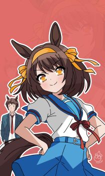 Rule 34 | 1boy, 1girl, animal ears, brown hair, hair ornament, hair ribbon, hairband, highres, horse ears, horse tail, kita high school uniform, kyon, red ribbon, ribbon, suzumiya haruhi, suzumiya haruhi no yuuutsu, tagme, tail, umamusume, yellow hairband, yellow ribbon, yuiyu ki
