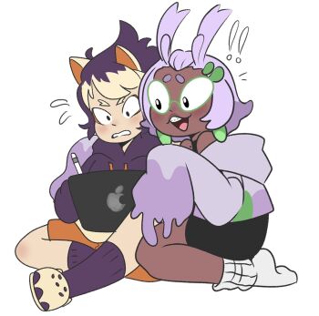 ! !! 2girls androgynous animal_ears antenna_hair apple_pencil bare_shoulders black_footwear black_unitard blonde_hair borrowed_character braces clenched_teeth crocs crop_top dark-skinned_female dark_skin earrings flying_sweatdrops furrowed_brow gen_4_pokemon gen_6_pokemon glasses goomy green-framed_eyewear grin hair_ornament hairclip highres holding holding_pencil holding_tablet_pc hood hood_down hoodie indian_style ipad jewelry knee_blush kneeling light_blush messy_hair mole mole_on_shoulder motostokequeen multicolored_hair multiple_girls nintendo off-shoulder_shirt off_shoulder on_ground open_mouth orange_shorts pencil personification pokemon purple_hair purple_hood purple_hoodie purple_shirt purple_socks ribbed_socks seiza shirt short_eyebrows short_hair shorts simple_background sitting sleeves_past_fingers sleeves_past_wrists smile socks solo stunky tablet_pc teeth two-tone_hair two-tone_shirt unitard upper_teeth_only white_background white_socks yellow_hoodie