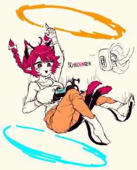 ... 1girl absurdres animal_ear_fluff animal_ears aperture_science_handheld_portal_device bow braid breasts cat_ears cat_tail chell chell_(cosplay) cleavage collarbone cosplay crossover extra_ears falling glados gun hair_bow highres holding kaenbyou_rin long_sleeves medium_breasts multiple_tails open_mouth orange_pants pants portal_(object) portal_(series) rampa93 red_eyes red_hair robot shirt smile solo tail touhou twin_braids two_tails weapon