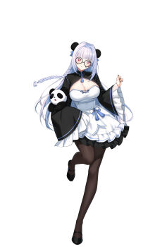 1girl :t absurdres animal black-framed_eyewear black_nails black_pantyhose black_shoes black_shrug blue_bow bow braid breasts bright_pupils bun_cover cleavage clenched_hand closers collared_shrug crop_top double_bun full_body furrowed_brow glasses hair_bow hair_bun hand_up high-waist_skirt highres holding holding_animal large_breasts layered_skirt leg_up long_hair looking_at_viewer mandarin_collar mary_janes miniskirt mirae_(closers) official_art panda pantyhose pout red_eyes round_eyewear shirt shoes shrug_(clothing) side_braid skirt skirt_bow sleeves_past_fingers sleeves_past_wrists solo standing standing_on_one_leg tachi-e teardrop-framed_glasses white_background white_hair white_pupils white_shirt wide_sleeves