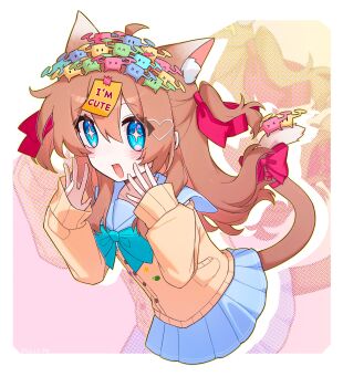 1girl absurdres animal_ear_fluff animal_ears blue_bow blue_bowtie blue_eyes blue_sailor_collar blue_skirt bow bowtie brown_hair cardigan cat_ears cat_girl cat_tail commentary commission cropped_torso english_commentary from_side hair_between_eyes hair_ribbon hands_up highres lingyou long_hair long_sleeves looking_at_viewer neuro-sama open_mouth pink_ribbon pleated_skirt ribbon sailor_collar skirt solo sparkling_eyes swarm_drone_(neuro-sama) tail two_side_up vedal_ai virtual_youtuber yellow_cardigan