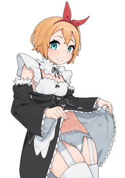 1girl absurdres aqua_eyes araimelon bow bow_hairband bow_panties clothes_lift commentary cowboy_shot dress frilled_dress frilled_panties frilled_sleeves frills garter_belt hairband highres light_blush looking_at_viewer maid orange_hair panties petra_leyte re:zero_kara_hajimeru_isekai_seikatsu red_bow red_hairband red_ribbon ribbon roswaal_mansion_maid_uniform short_hair simple_background skirt skirt_lift solo underwear white_garter_belt