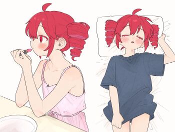 1girl ahoge applying_lipstick applying_makeup applying_own_makeup bare_arms bare_shoulders black_shirt blush closed_mouth collarbone cosmetics dress drill_hair flat_chest highres holding holding_lipstick_tube kasane_teto lipstick lipstick_tube lying makeup multiple_views ofo_j1 on_back on_bed parted_lips pillow pink_dress red_eyes red_hair shirt shirt_tug short_hair short_sleeves simple_background sink sleeping sleeveless sleeveless_dress twin_drills utau white_background