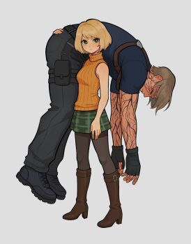 1boy 1girl ashley_graham bare_arms bare_shoulders black_gloves black_pants black_pantyhose black_shoes blonde_hair blue_shirt boots breasts brown_boots carrying_over_shoulder chest_harness closed_eyes commentary english_commentary fingerless_gloves full_body gloves green_eyes green_skirt harness highres leon_s._kennedy medium_breasts orange_sweater pants pantyhose plaid_clothes plaid_skirt resident_evil resident_evil_4 resident_evil_4_(remake) ribbed_sweater shirt shoes short_hair skirt sleeveless sleeveless_turtleneck sweater turtleneck veins veiny_arms veroq77 white_background