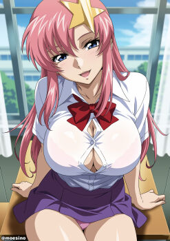 1girl absurdres anime_coloring artist_name blue_eyes blush bow bowtie bra bra_visible_through_clothes breasts button_gap cleavage collarbone collared_shirt commentary_request curtains desk gundam gundam_seed gundam_seed_destiny hair_ornament highres huge_breasts long_hair looking_at_viewer meer_campbell moeshino official_style open_mouth panties pantyshot pink_bra pink_hair pink_lips pink_panties purple_skirt red_bow red_bowtie school school_desk school_uniform shirt short_sleeves sitting skirt smile solo star_(symbol) star_hair_ornament thighs twitter_username underwear white_shirt window