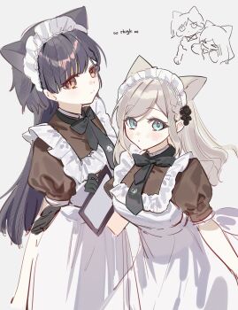 &gt;_&lt; 2girls animal_ears apron arms_behind_back black_bow black_bowtie black_gloves black_necktie blue_eyes blush bow bowtie breasts brown_dress cat_ears ceras_yanagida_lilienfeld clipboard closed_mouth dkou dress edel_note frilled_apron frills gloves grey_hair highres holding holding_clipboard jellyfish_cut jitome katsuragi_izumi kemonomimi_mode large_breasts link!_like!_love_live! long_hair looking_at_viewer love_live! maid maid_apron maid_headdress multiple_girls multiple_views necktie nyan_nyan_nyan_fair_in_gamers official_alternate_costume orange_eyes puffy_short_sleeves puffy_sleeves short_sleeves slit_pupils smile split_mouth virtual_youtuber white_apron