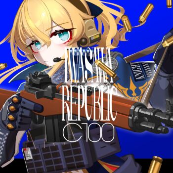 Rule 34 | 1girl, absurdres, blonde hair, blue background, blue capelet, blue eyes, capelet, character request, check character, closed mouth, comiket 100, commentary request, ear protection, genshin impact, gloves, grey gloves, gun, hair between eyes, headset, highres, holding, holding gun, holding weapon, iwasawayuki, jean (genshin impact), shirt, solo, weapon, weapon request, white shirt