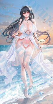 Rule 34 | 1girl, azur lane, beach, black hair, breasts, garter straps, large breasts, long hair, looking at viewer, official alternate costume, panties, parted lips, red eyes, smile, solo, standing, taihou (azur lane), taihou (temptation on the sea breeze) (azur lane), thighhighs, tsuki no i-min, underwear, water, watermark, white panties, white thighhighs