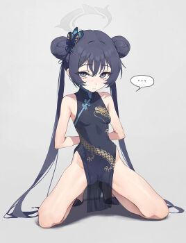 ... 1girl arms_behind_back blue_archive braid braided_bun butterfly_hair_ornament censored china_dress chinese_clothes commentary double_bun dragon_print dress expressionless full_body grey_background grey_eyes grey_halo hair_bun hair_ornament halo highres kisaki_(blue_archive) kneeling looking_at_viewer no_panties pelvic_curtain print_dress see-through_clothes see-through_pelvic_curtain sleeveless sleeveless_dress solo symbol-only_commentary zzzearly