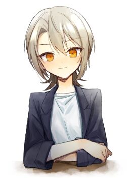 1girl alternate_costume black_jacket blazer blonde_hair closed_mouth commentary_request cropped_torso hair_between_eyes hasumi_leia highres jacket long_sleeves looking_at_viewer mahou_shoujo_no_majo_saiban open_clothes open_jacket shirt short_hair simple_background smile solo suno_(imydream) upper_body white_background white_shirt yellow_eyes