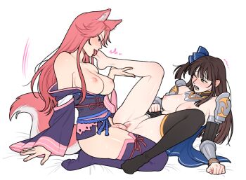 1futa 1girl animal_ears armored_boots artist_request blue_cape blue_eyes boots bow breasts breasts_out brown_hair cape ceri_(sakura_dungeon) commission commissioner_upload embarrassed fox_ears fox_girl fox_tail futa_with_female futanari gauntlets green_eyes hair_bow highres holding_another&#039;s_leg japanese_clothes kimono large_breasts licking licking_foot medium_breasts medium_penis nipples non-web_source penis pink_hair sakura_dungeon sex socks tail thighhighs trembling unworn_socks yomi_(sakura_dungeon)