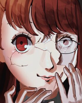Rule 34 | 1girl, cracked kawaii mask, cracked skin, glasses, highres, long hair, masked, persona, persona 5, persona 5 the royal, portrait, red eyes, red hair, reonzeee0120, smile, solo, wide-eyed, yoshizawa sumire